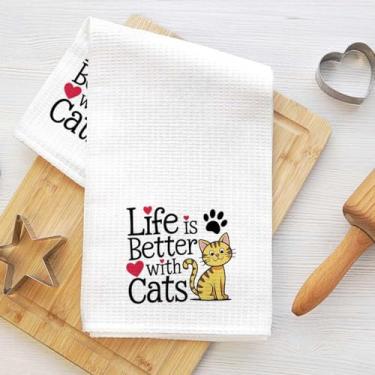Imagem de Toalhas de cozinha de gato fofo, toalhas de chá de microfibra duráveis para cozinha, casa de banho, decoração de casa de fazenda, Life is Better with Cats Toalha de secagem de waffle, presentes de