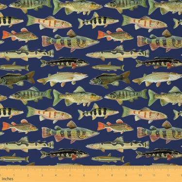 Imagem de Feelyou Tecido Bass Fish da The Yard 2 jardas Tecido de estofamento de pesca e caça para cadeiras rústica cabana país para projetos de casa faça você mesmo poliéster, impermeável, decoração interna e