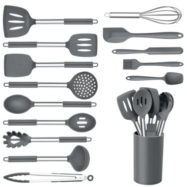 Imagem de Onader Conjunto de 15 utensílios de cozinha, conjunto de espátulas de silicone e aço inoxidável com suporte, resistente ao calor e lavável na lava-louças - cinza