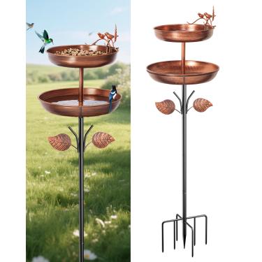 Imagem de Banheira de pássaros para uso externo, banheiras duplas de metal de 116 cm para uso externo, tigelas alimentadoras de banho de pássaros para decoração de jardim, pátio, quintal, estaca de metal