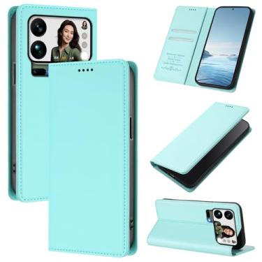 Imagem de Capa carteira fina para Xiaomi 17 Pro Max com capa flip magnética, compartimentos para cartões e suporte, bloqueio RFID, compatível com carregamento sem fio, capa protetora à prova de choque (menta)