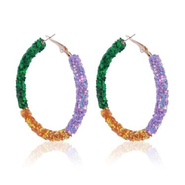 Imagem de Brincos de Mardi Gras para mulheres, leves, roxos, amarelos, verdes, carnaval, argola, com glitter, envolto em lantejoulas, anéis de orelha, acessórios para fantasia de carnaval, Zinco, Sem pedra