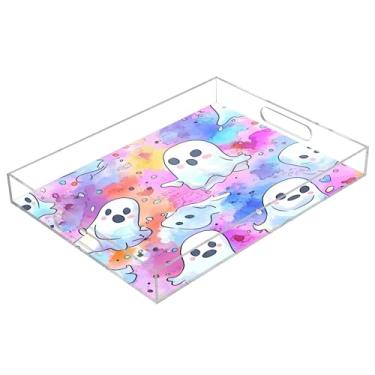 Imagem de xigua Bandeja de servir de acrílico fantasma de Halloween com alças à prova de derramamento, bandejas decorativas de festa de Halloween, bandeja organizadora de bancada para banheiro, cozinha, 30,5 x