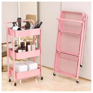 Imagem de Carrinho utilitário dobrável de várias camadas com rodízios - Armazenamento de rolo que economiza espaço para assar e pintar - Organizador multifuncional rosa resistente à ferrugem