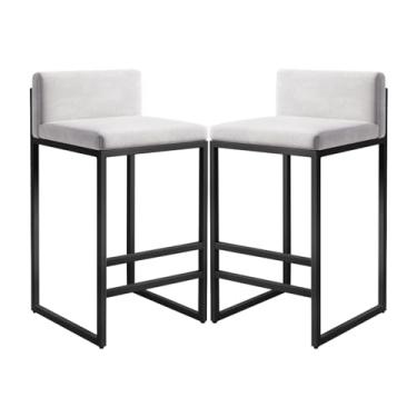 Imagem de Banquetas de couro com estrutura de metal - Conjunto de 4 cadeiras de bar pretas e brancas para cozinha ilha café pub - Bancos de bar modernos com encosto para decoração de casa