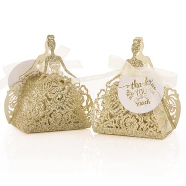 Imagem de AdasBridal 50 caixas de presente pequenas, caixa de doces com glitter dourado com cartão de agradecimento, padrão de noiva, caixas de lembrancinhas de festa para chá de panela, festa de aniversário de