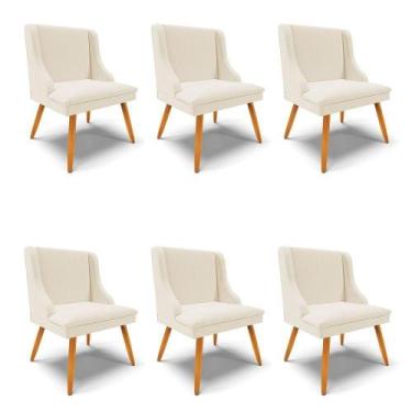 Imagem de Kit 06 Cadeiras Linho Grosso Bege Pés Palito Castanho - DROSSI