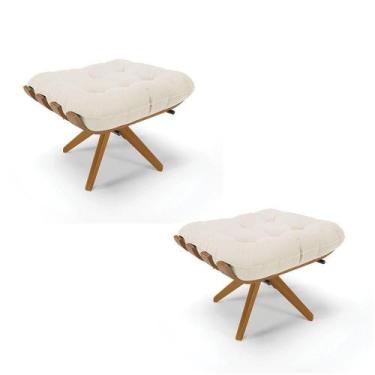 Imagem de Kit 02 Puffs Giratório Costela Veludo Bege Base Madeira - D'ROSSI