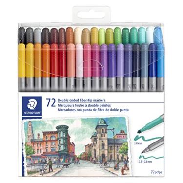 Imagem de STAEDTLER Marcadores de ponta de fibra de extremidade dupla, para esboçar, desenhar, ilustrações e colorir, 72 cores vibrantes, laváveis, 320TB72 LU