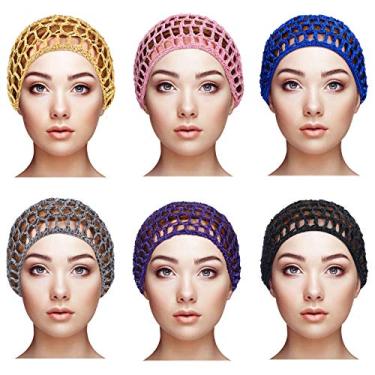 Imagem de 6 peças malha crochê cabelo rede raiom malha snood chapéu grosso curto feminino hairnet Snoods capa ornamento para dormir, Preto, azul, rosa, roxo, cinza, cáqui, M