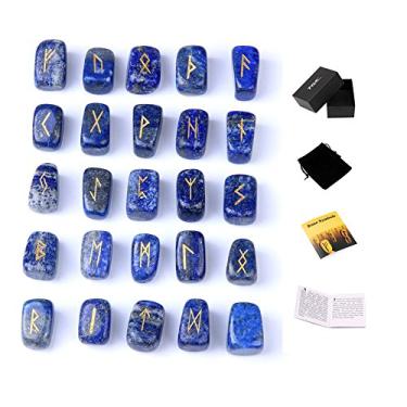 Imagem de TGS Gems Conjunto de pedras rúnicas de lápis-lazúli RN001 com letras pagãs gravadas com folheto de instruções e bolsa de veludo, 25 Count (Pack of 1), Pedra