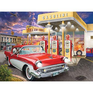 Imagem de Bits and Pieces - Quebra-cabeça de 500 peças para adultos 45,72 cm x 60,96 cm – Preenchimento – 500 peças de quebra-cabeça de carro de posto de gasolina antigo da artista Bigelow Illustrations
