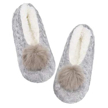 Imagem de Panda Bros Meias Femininas Felpudas com Antiderrapantes, Meias Forradas para Casa, Pantufas Hospitalares Super Confortáveis, Gray Stripe, 8-10