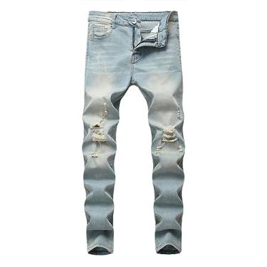 Imagem de Calça jeans masculina clássica skinny elástica rasgada e rasgada calça skinny moderna, Azul claro, M