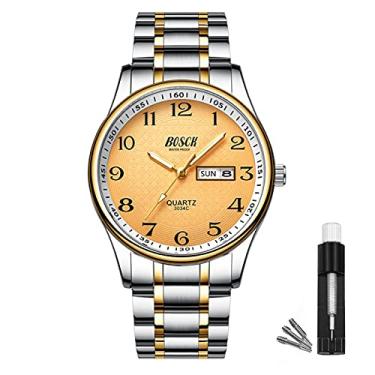 Imagem de BOSCK Relógio analógico masculino, 40 mm, fácil leitura, automático, data e dia, relógio de negócios para homens, relógios de pulso masculinos esportivos à prova d'água 30 m, Ouro - ouro