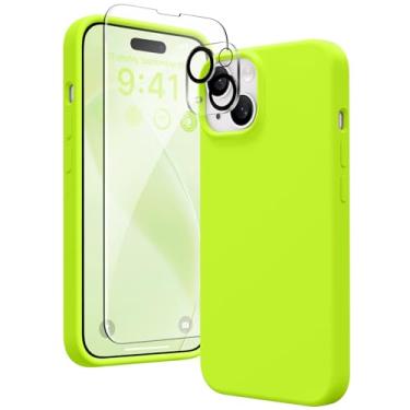 Imagem de GONEZ Capa compatível com iPhone 15, capa de silicone líquido com [3 protetores de tela + 3 projetores de lente de câmera], revestimento de microfibra macia antiarranhões, capa protetora à prova de choque, verde fluorescência