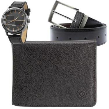 Imagem de Carteira Masculina De Couro Legítimo Porta Cartão Cnh + Cinto Masculino + Relógio Masculino-Masculino