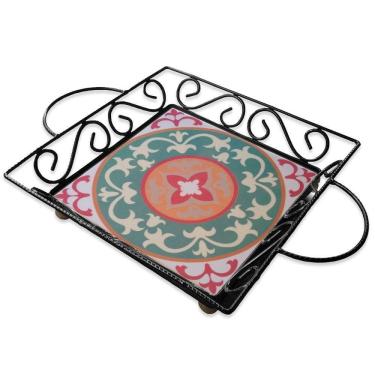 Imagem de Fruteira De Mesa Bandeja Ferro E Azulejo Quadrada Premium Cozinha Azulejo G2