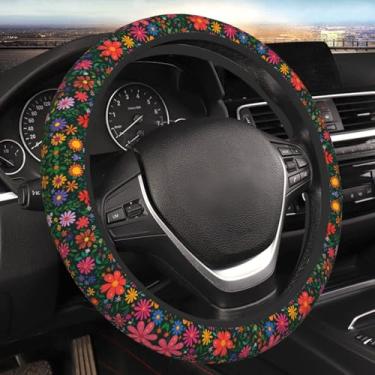 Imagem de MAGIFUN Linda capa de volante floral hippie flor margarida antiderrapante capa de volante rosa, ajuste universal protetor de volante 35,5-39,4 cm acessórios para carro