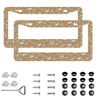 Imagem de 2 peças de moldura de placa de licença padrão boho suportes de capa de aço inoxidável padrão boho capa de placa de licença com tampa de parafuso e conjunto de chave de fenda - 2 furos para meninas