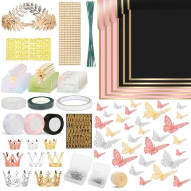 Imagem de Kit de papel de embrulho de buquê de flores, 60 folhas de papel impermeável, 36 borboletas, 8 coroas, 1 faixa de cabeça, 4 fitas, 15 cartões, 100 alfinetes de diamante, 30 fios florais, 3 adesivos, 3