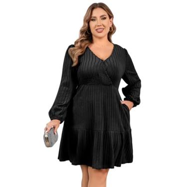 Imagem de Vestido feminino plus size casual gola quadrada manga lanterna longa gravata cintura pulôver pulôver solto, 11#blackn0-cinto, GG