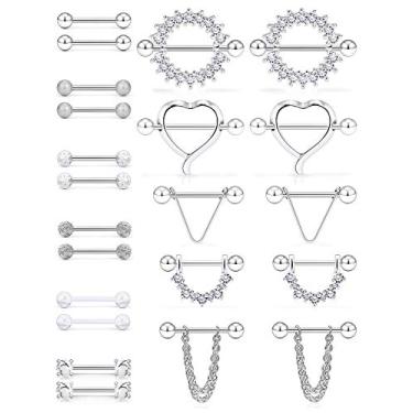 Imagem de SCERRRING Anéis de mamilo 14 G de aço inoxidável para mamilos CZ Coração Lingueta Escudo Barra Anéis Retentor Corpo Piercing Joia para mulheres 9/16 polegadas 11 pares