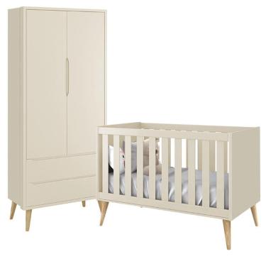 Imagem de Jogo de Quarto Infantil Theo Guarda Roupa 2 Portas e Berço com Pés Madeira Natural - Reller Móveis Areia Fosco