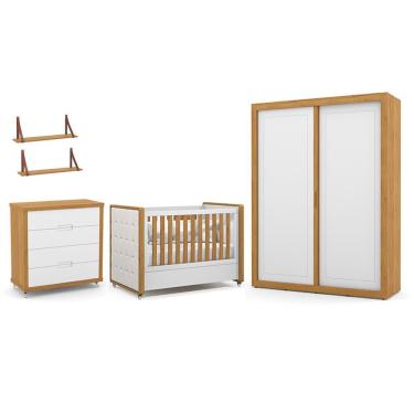 Imagem de Dormitório Tutto New 2 Portas, Cômoda 4 Gavetas e Berço com Capitonê e Prateleiras - Matic Móveis Branco Soft/Freijó