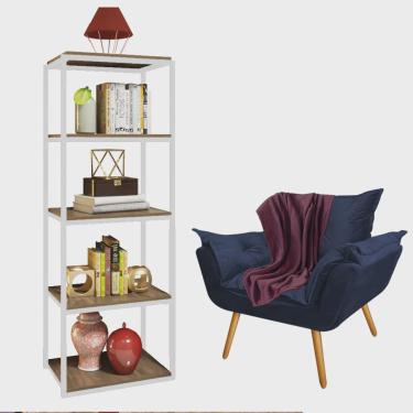 Imagem de Kit Poltrona Fatte com Manta Soft Bordô e Estante Livreiro Ferro Branco mdf Rústico Sue...