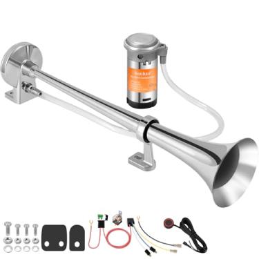 Imagem de Buzina de ar 12V 150db, buzina de ar de caminhão trompete único de zinco cromado BANHAO com compressor para qualquer veículo de 12 V, caminhões, caminhões, trens, barcos, carros (buzina cromada com botão)