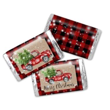 Imagem de Amanda Creation Empilhadores de adesivos de barra de chocolate xadrez vermelho com caminhão de Natal Kraft em miniatura, 45 etiquetas de 3,6 cm x 6,6 cm, ótimo para lembrancinhas de festa de fim de