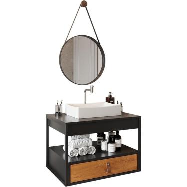 Imagem de Gabinete De Banheiro Com Espelho E Cuba Branca Preto-preto-canela-preto Preto-preto-canela-preto
