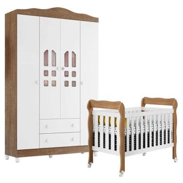 Imagem de Berço Americano Lila E Guarda Roupa Infantil New Selena 4 Portas Branco Acetinado Amadeirado Móveis