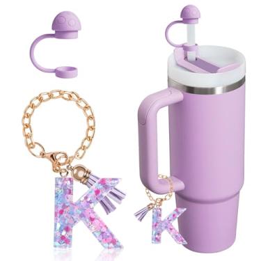 Imagem de HaimiLiya Capa de canudo com corrente de copo com letra inicial para acessórios Stanley Cup, tampa de palha de 10 mm, pingente de copo fofo, roxo