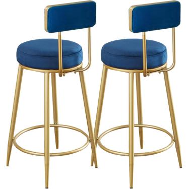 Imagem de Bancos de altura do balcão Conjunto de bancos de veludo de 2, cadeira de fezes modernas com apoio de pé traseiro e ouro, cadeiras de barra de altura para pub de cozinha, cozinha, café, azul