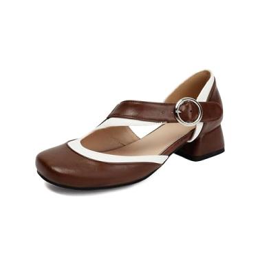 Imagem de Elerhythm Sandália feminina Mary Jane em dois tons com fivela fechada bico redondo salto baixo bloco grosso, Marrom/branco, 40