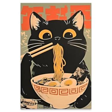 Imagem de Heltrappe Black Cat Eat Tasty Noodle Canvas Poster japonês bonito animal arte de parede vintage cozinha comida pintura para sala de jantar decoração de parede amantes de gatos presentes 41x61 cm sem
