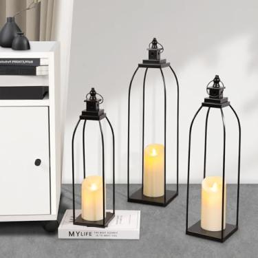 Imagem de DARJEN Conjunto de 3 lanternas decorativas de metal preto, lanterna moderna de 40,6 cm 48 cm de 56 cm com 3 velas sem chama para interior e exterior, lanternas grandes decorativas para varanda, pátio