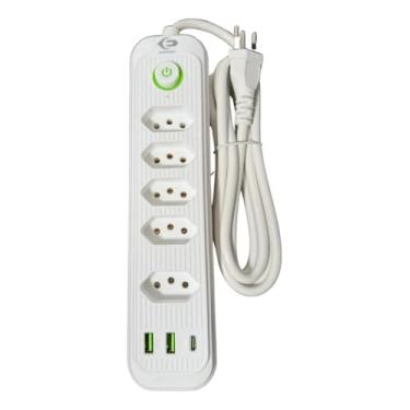 Imagem de Filtro de Linha, Extensão Tomada, Régua Tomada, Régua de Energia, 5 Tomadas, 2 Interfaces USB, 1 Porta Tipo-C, Cabo de Alimentação de 2 metros