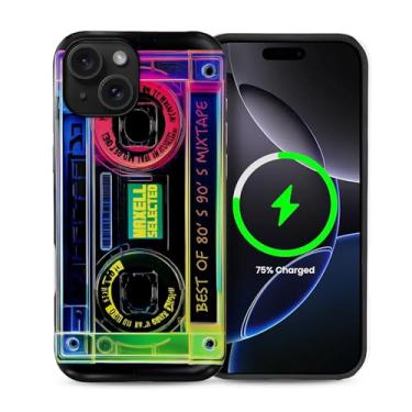 Imagem de Yuning419 Capa compatível com iPhone 15 [compatível com MagSafe] Capa rígida híbrida de 2 camadas, capa magnética protetora à prova de choque para iPhone 15, fita cassete retrô moderna