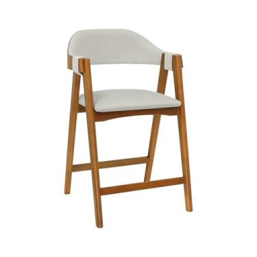 Imagem de Banqueta Alta Bistrô New York Madeira Maciça - Amêndoa - Assento Estof. Linho Bege Mescla Impermeável