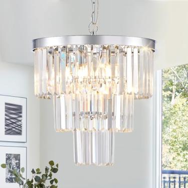 Imagem de Lustres modernos de cristal cromado 40,6 cm pequeno pingente de luxo 3 camadas 6 luzes K9 cristal pingente de teto luminária redonda para sala de jantar entrada cozinha quarto armário