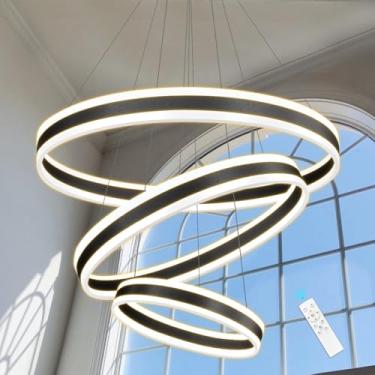 Imagem de Lustres modernos de LED reguláveis D23,6 polegadas para sala de jantar Lustre de teto alto de 3 anéis para sala de estar luminária pendente ajustável para hall de entrada quarto 3000K-6000K