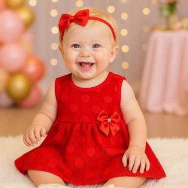 Imagem de Vestido Bebê Rosa Festa Menina Renda Poá com Laço Pérola e Plaquinha F