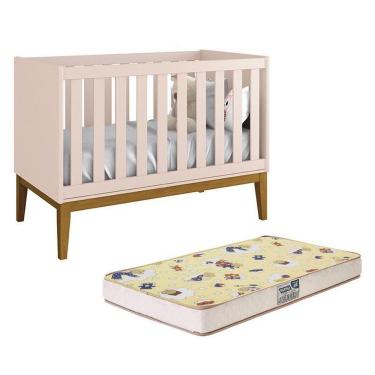 Imagem de Berço Mini Cama Classic Rosa Fosco Com Pés Amadeirado E Colchão Supreme - Reller Móveis Rosa Fosco