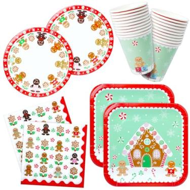 Imagem de Conjunto de 100 pratos de papel para festa de Natal, guardanapos e copos, conjunto de louça descartável de pão de gengibre
