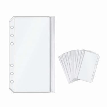 Imagem de 10 envelopes de enchimento de dinheiro A6 fichário com 3 bolsos PVC transparente com 6 furos, zíper de vedação plana, bolsas de 3 camadas para planejador de fichário de 6 anéis