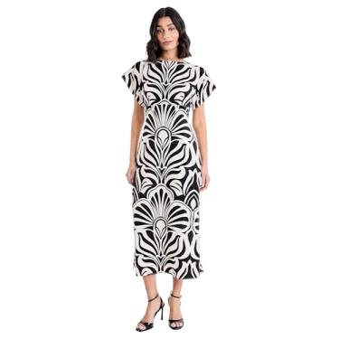 Imagem de Donna Morgan Vestido midi feminino de manga curta e gola redonda - Vestidos casuais para convidados de casamento, Creme/preto, 36