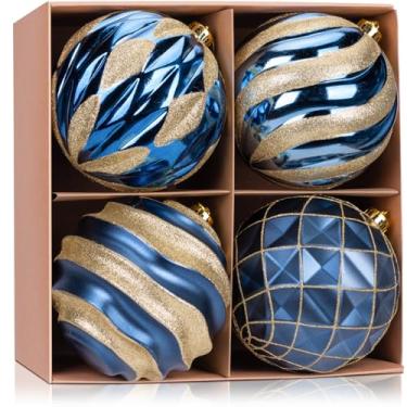 Imagem de WHGJ Conjunto de enfeites de bolas de Natal grandes azuis e douradas, 4 peças de lâmpadas grandes pintadas à mão à prova de estilhaçamento para árvore de Natal, grinalda, guirlanda, decorações ao ar